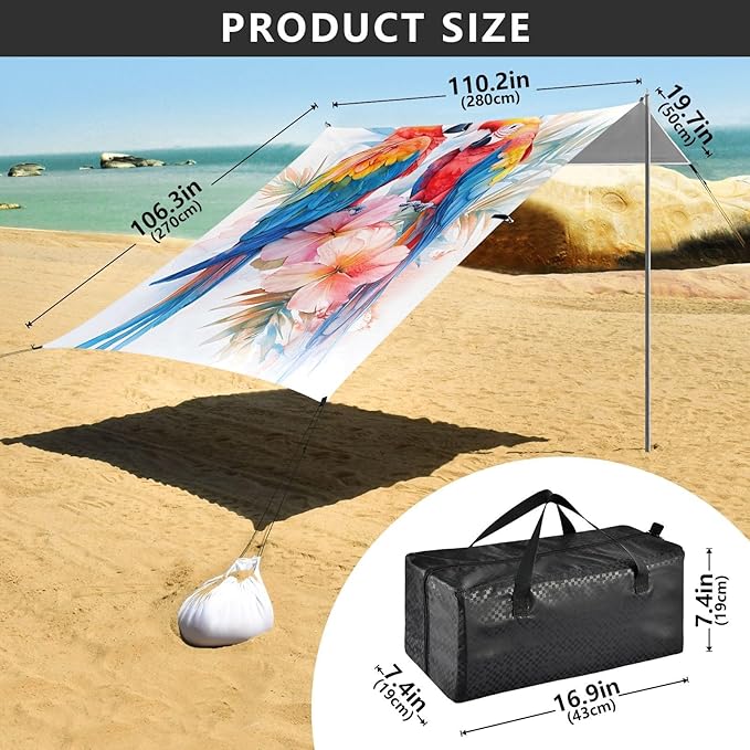 ALAZA Watercolor Parrots Tropical Beach Tent Sun Shelter UPF50+ Protection Beach Shade Canopy w/ 4 Sandbags for Outdoor Camping Fishing Backyard Fun Picnic 10x9 ft