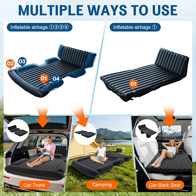 SUV Air Mattress - Thickened Car Air Mattress with Electric Pump Portable Inflatable Car Bed with 2 Pillows Camping Mattress Back Seat for SUV Trunk Travel Home (Black)