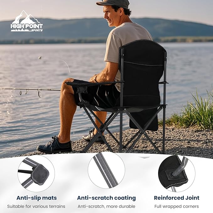 HIGH POINT SPORTS Oversized Camping Folding Chair Heavy Duty Outdoor Chair with Armrest Portable Lawn Chair with Cup Holder for Adults Support 350 LBS 2 Pack Gray-Black