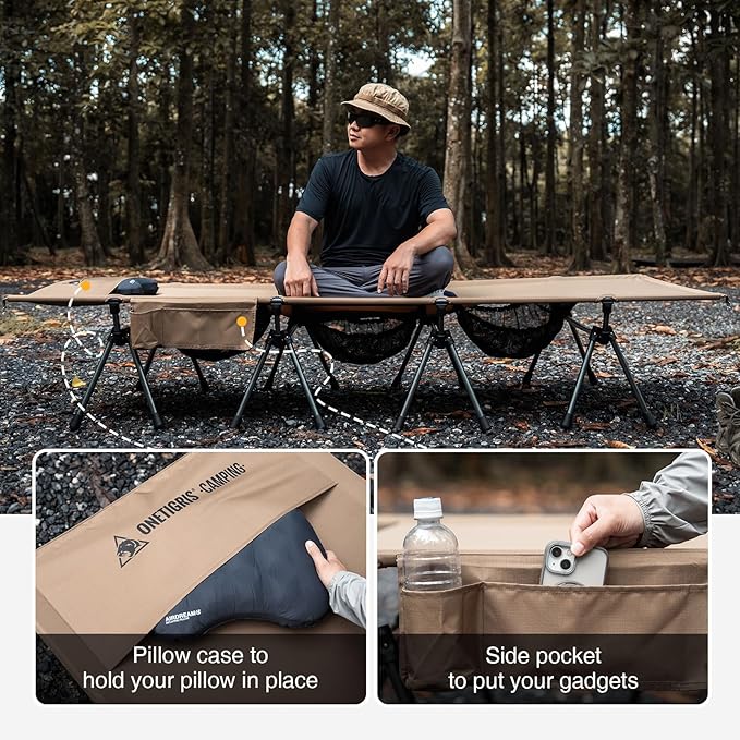 ONETIGRIS SUPRATIROS Extra Large Camping Cot Height Adjustable Oversized Sleeping Cot with Extending Legs for Camping Car Trips Truck Beach Office Nap Sturdy Supports Up to 400lbs