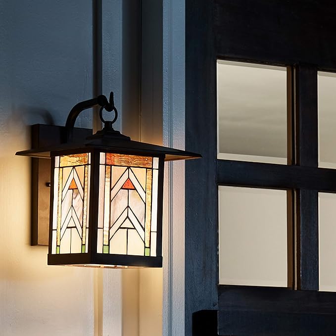 RIVER OF GOODS Stained Glass Outdoor Light Fixture - 11.75 H - Mission Style Porch Light - ‎Niki