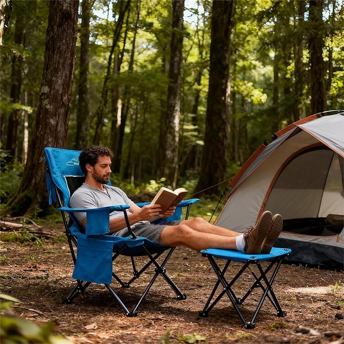 FAIR WIND Oversized Padded Camping Chair with Footrest Stool Heavy Duty Cooler Bag Chair for Fishing Tailgating Sports Games Backyard - Support 300 LBS Blue