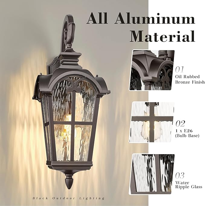 Emliviar Outdoor Wall Sconce 28.7 Extra Large Outdoor Wall Lamp for Front Door with Water Ripple Glass Oil Rubbed Bronze Finish WE215BL-SW ORB