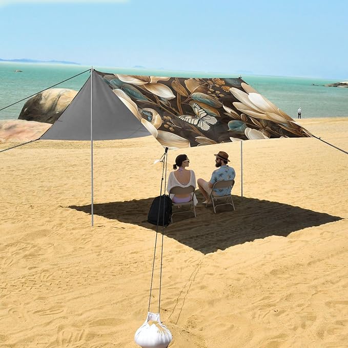 Magnolia Flowers Beach Tent Sun Shelter 9.2' x 10.5' Beach Canopy with 4 Sandbags 4 Stability Poles Sand Shovels - Tent Canopy for Beach Camping Fishing Picnics