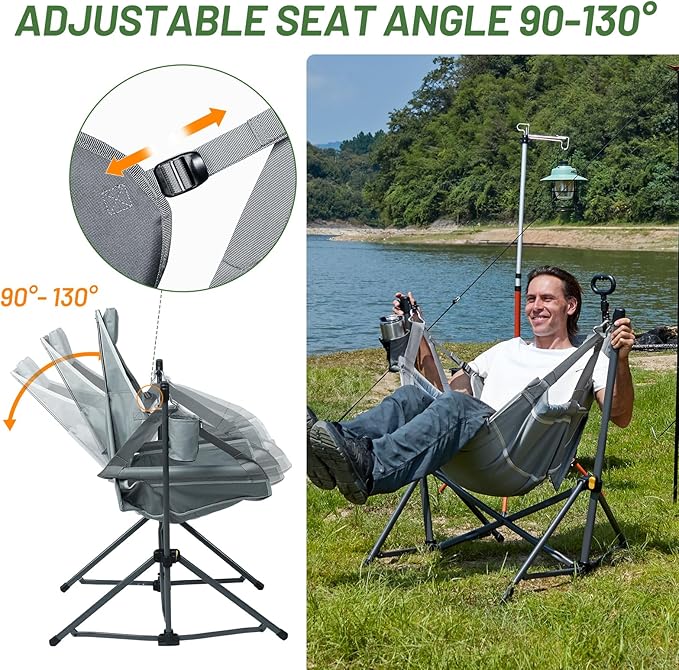 TIMBER RIDGE Hammock Camping Chair with Adjustable Backrest Heavy Duty Folding Hammock Chair Supports 300lbs Portable Hammock Chair for Camping Travelling and Patio Grey 2 Pack