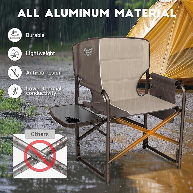Timber Ridge Aluminum Oversized Camping Chair Lightweight Portable Directors Chair with Side Table Detachable Side Pocket for Outdoor Camping Lawn Picnic Support 400lbs Tan