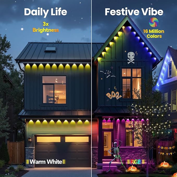 Permanent Outdoor Lights 150ft RGB+IC Smart LED Eaves Lights IP67 Waterproof Outdoor Lighting with App/Remote Control for Daily Christmas New Year Halloween Holiday Party Valentine's Day