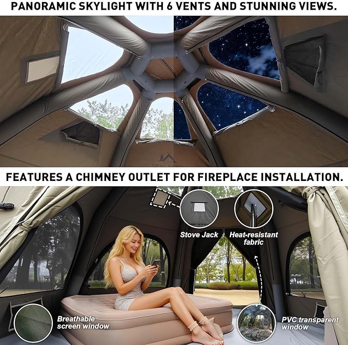 Inflatable Tents for Camping 6-8 People142 Square Feets Cotton Igloo Tent 4 Season Blow up Tents with Waterproof Tarp Glamping Inflatable Hot Tent with Stove Jack