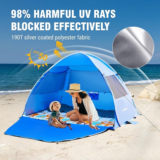 Pop Up Beach Tent for 4 Person with UPF 50+ ProtectionAutomatic Easy Setup Waterproof Beach ShadeLightweight and Portable Beach Tent Sun Shelter - Dark Blue