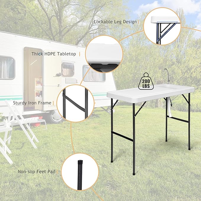 Fish Cleaning Table with Sink Portable Camping Table w/Flexible Faucet Drainage Hose Hook Up Outdoor Fish Cleaning Station for Garden Backyard Kitchen