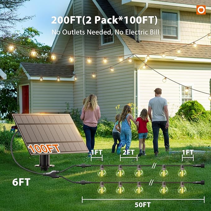 addlon 200FT(2 Pack*100FT) Solar String Lights Outdoor Waterproof with Remote Dimmable Commercial Grade Solar Powered String Lights with 108 LED Bulbs Hanging Light for Backyard Party Decor