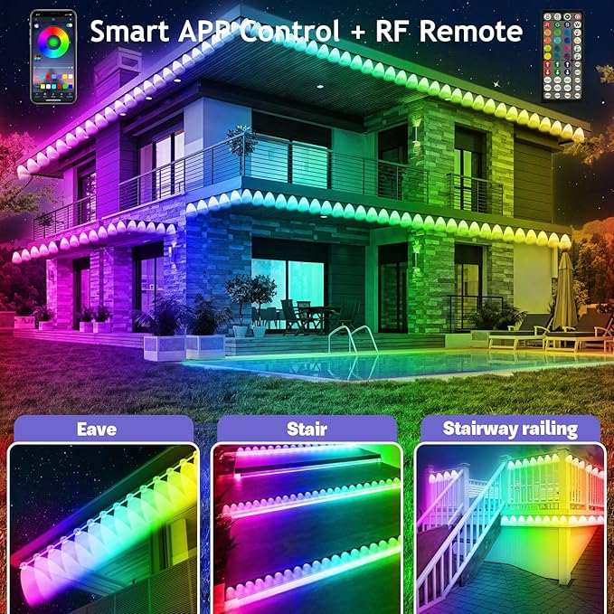 FBZ 100FT Permanent Outdoor RGB Lights - IP67 Waterproof with Smart App Control RemoteDIY Scene Modes Music SynchronizationEaves Lights for Garden DecorDeckChristmas