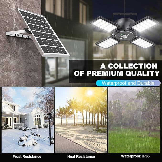 Solar Shed Light Outdoor Indoor Solar Powered Motion Sensor Pendant Light144LED 1200LM Daytime Work with 5 Modes &amp Remote Control 4 Heads IP65 Waterproof for Garage Barn Shop 2 Pack