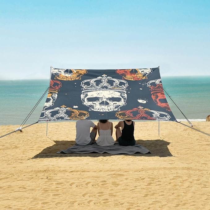 Beach Tent Sun Shelter Tie-dye Skull with Crown Lightweight &amp Easy Setup Beach Shade Canopy for Camping Fishing