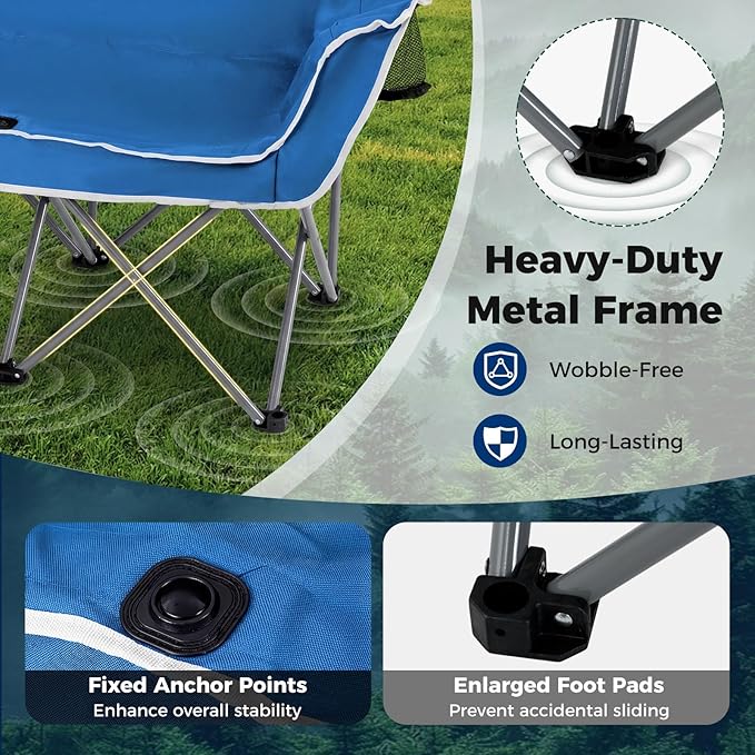 Tangkula 2 Person Camping Chair Portable Oversized Outdoor Folding Camp Chair Loveseat with Padded Seat Cup Holder Carry Bag Heavy Duty Lawn Chair for Beach Fishing Travel (Blue 2-Person)