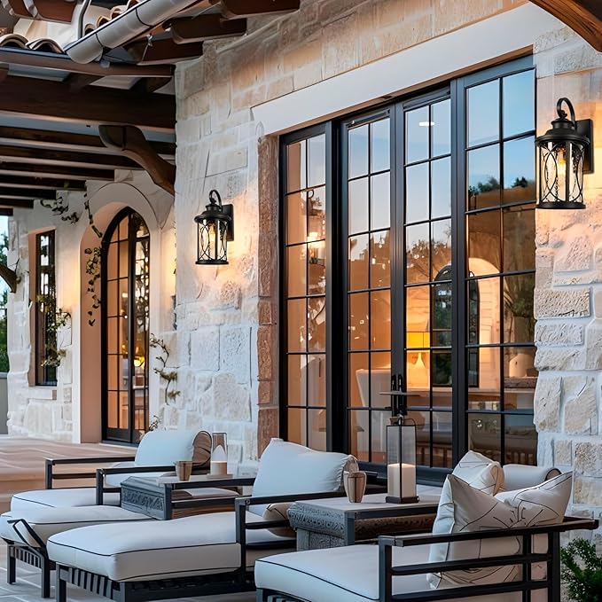 Treekee Outdoor Light Fixture Wall Mount Modern Exterior Wall Sconce with Seeded Glass &amp E26 Sockets for Front Porch Farmhouse Rustic Black Wall Lantern Lamp for Patio Garage Home Yard