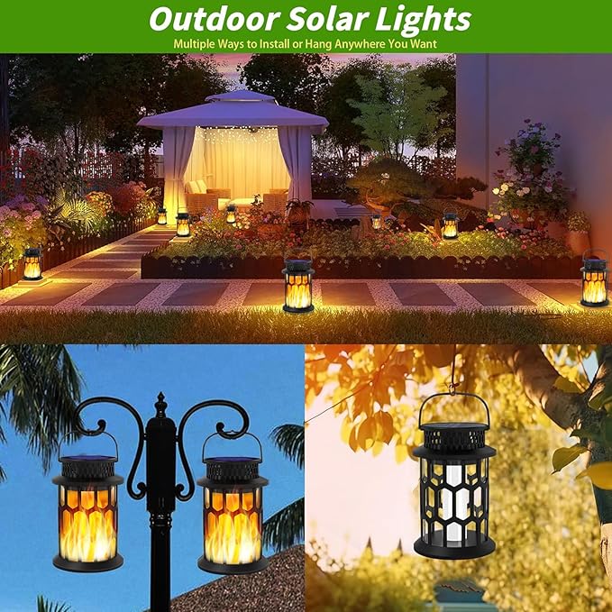 Sola Lanterns Outdoor Waterproof Flickering Flame Hanging Solar Lanterns Solar Powered Wireless Lantern Decorative Lighting for Halloween PartyPatioGardenYardPathway