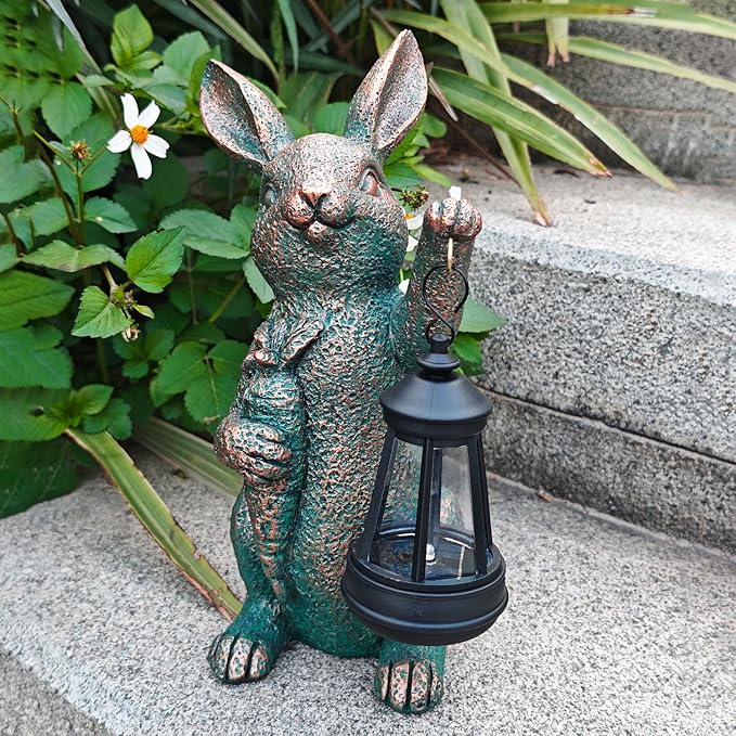 Solar Garden Statues -Rabbit Lantern Outdoor Handmade Resin Statue with LED Light Cute Carrot Holder for Patio Yard Gift Ideas (rabbit2)