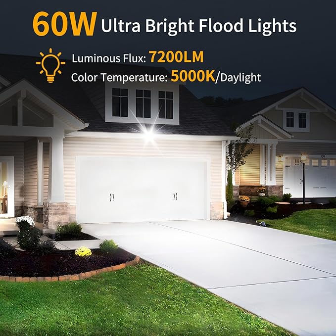60W LED Flood Light Outdoor with 6ft Plug 7200LM Brighter Exterior Security Lights 5000K Daylight Floodlights IP66 Waterproof for Yard Garage Workshop Lawn 2 Pack