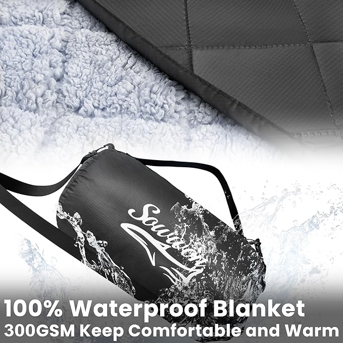 Waterproof Outdoor Blanket 82”X 55” Packable Stadium Blankets for Camping with Sherpa Fleece Lining Large Windproof Emergency Throw for Garss Picnic Hiking Road Trip Machine Washable Black 300GSM