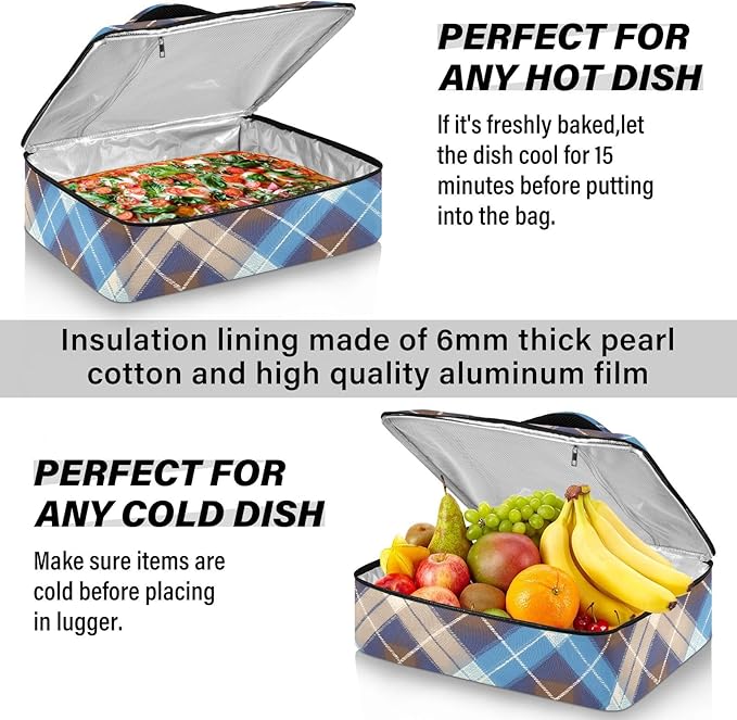 Casserole Carrier Blue Brown Tartan Insulated Casserole Carrier for Hot or Cold Food Thermal Lunch Tote for Parties Picnic Travel Carry Bag