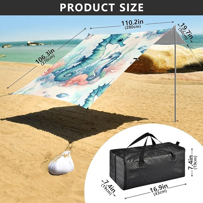 Cute Seahorse Camping Sun Shelter Beach Tent Portable Beach Sun Shade Outdoor Canopy for Camping Trips Fishing Picnic