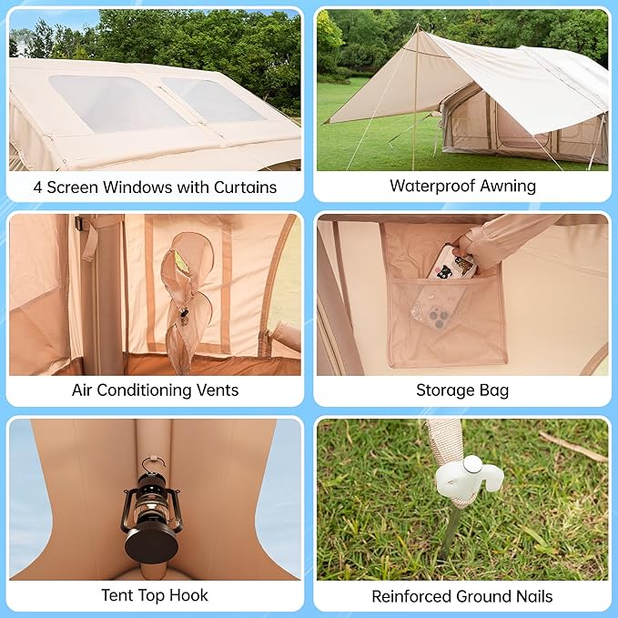 Inflatable Camping Tent with Pump &amp 1/2 Awnings 8-14 Person Air Tents for Camping Adult Large Waterproof Oxford Family Glamping Tent Quick Setup Big Tent for Outdoor Camping