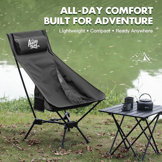 AuroraTrail High Back Folding Camping Chair with Pillow – Lightweight Portable Outdoor Chair with Cup Holder &amp Carry Bag Sturdy Aluminum Frame Supports up to 374 lb for Camping Hiking &amp Fest