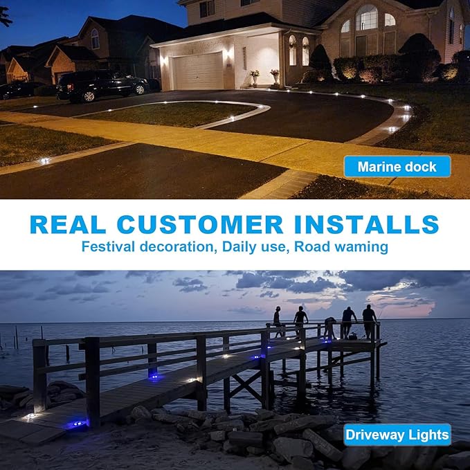 VOLISUN Solar Driveway Lights Dock Marine Lights 4 Pack2 Colors in 1Outdoor LED Deck LightSolar Powered Waterproof Warning Step Light for Driveway Sidewalk Pathway (Blue/White)Saltwater Resistant