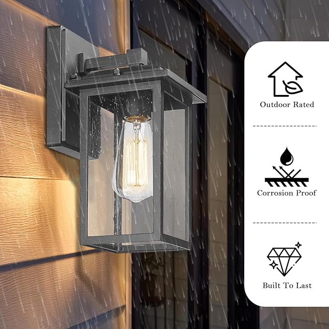 Outdoor Wall Sconce 1 Pack Exterior Light Lantern Fixture Porch Lights Lamp Outdoor Wall Mounted in Black Finish with Seeded Glass for House Garage Patio Yard Garden
