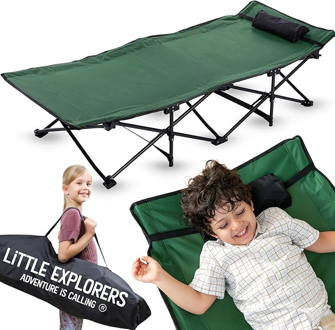 LITTLE EXPLORERS Kids cot Child Camping and Travel Cot Kids Cots for Sleeping Foldable Bed for Kid Includes Pillow and Bag | Age 3-12 | 60inch