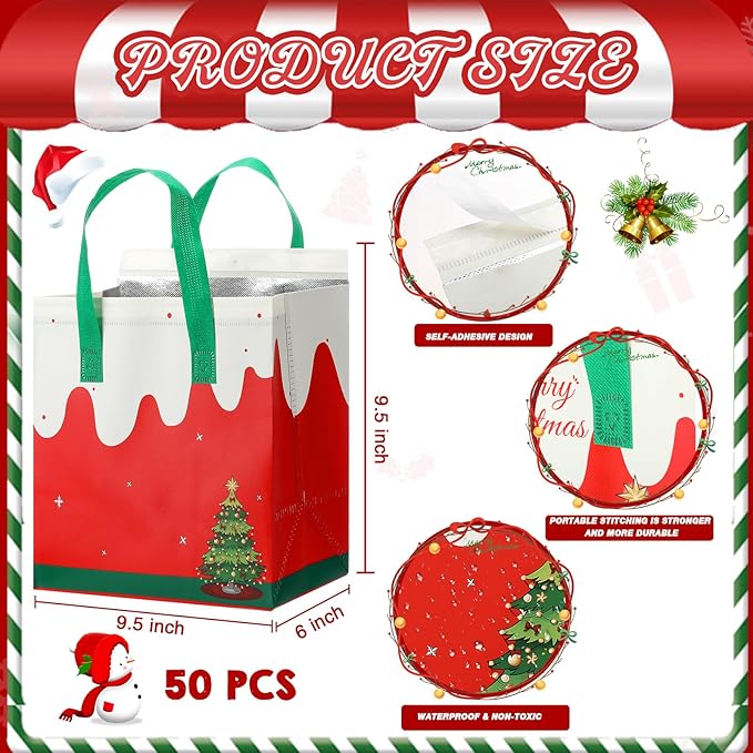 Kacctyen 50 Pcs Christmas Insulated Bags for Food Delivery Holiday Thermal Gift Bags for Cookie Bakery Cold and Hot Food Xmas Take Away Tote Bulk for Christmas Party Catering Restaurant
