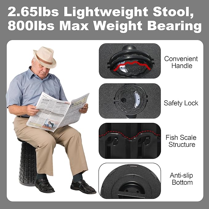 ALEVMOOM 18 Collapsible Stool 800lbs Max Weight Heavy Duty Portable Retractable Folding Telescoping Foldable Camping Stool for Adults Outdoor Fishing Travel BBQ (Black)