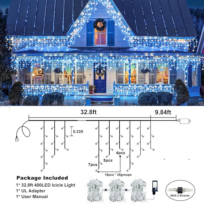 Icicle Lights for Outside 33FT 400 LED Icicle Christmas Lights Outdoor with Waterproof 8 Modes Plug in Timer String Twinkle Light for Indoor Home Roof Window Yard Wedding Decorations Blue and White