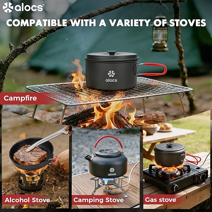 Alocs Camping Cookware Set Camping Gear Compact Camping Pots and Pans Set Durable Hard Alumina Camping Cooking Set for Outdoor Backpacking Camping Hiking Picnic Included Mesh Carry Bag
