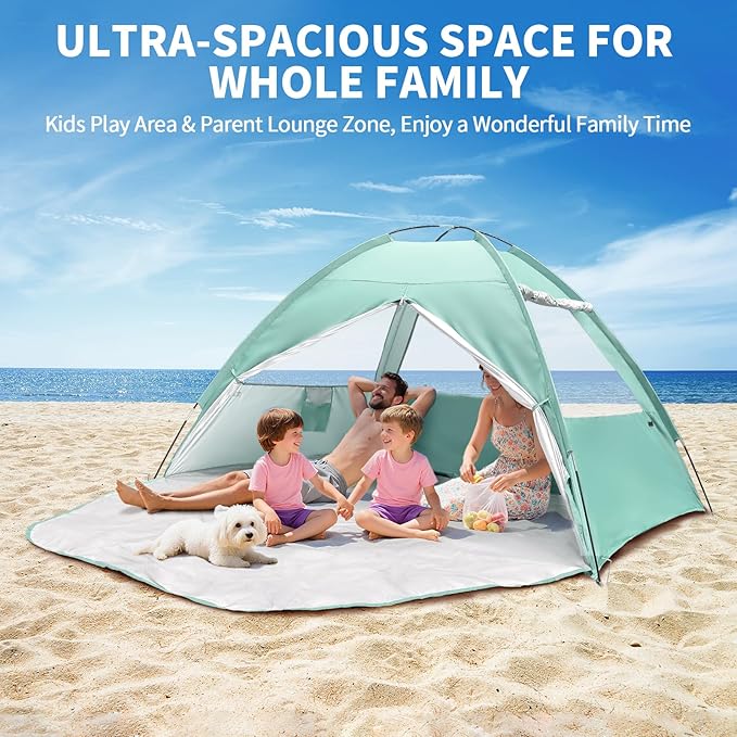 Beach Tent for 3-4 Person Large Easy Setup Beach Shade Canopy with UPF 50＋ UV Protection Portable Shade Tent with 3 Ventilating Mesh Windows for Outdoor Picnics Fishing