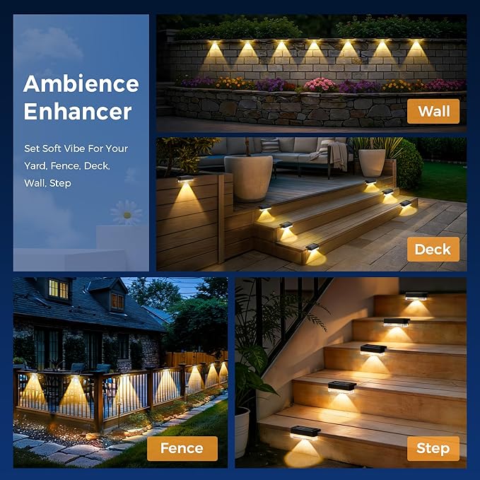 Solar Deck Lights Outdoor 24 Packs Solar Powered LED Step Lights Waterproof Outdoor for Deck Stairs Step Fence Wall Patio Yard Pool and Pathway (Warm White)