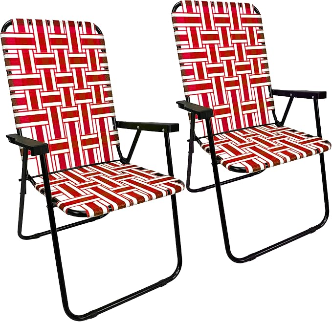 Lawn Chair Folding Steel Webbing Chaise Patio Lounger Seat Wood Handles Great for Camping Beach Fishing Backyard Stadium Pool Boating and Sports 2 Pack Red