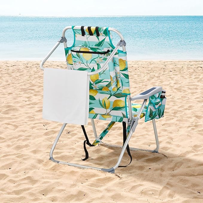 Outvita Backpack Beach Chair 5 Level Adjustable Positions Beach Chair with Back Storage Bag Cooler Pouch and Side Bags for Beach Poolside Lawn
