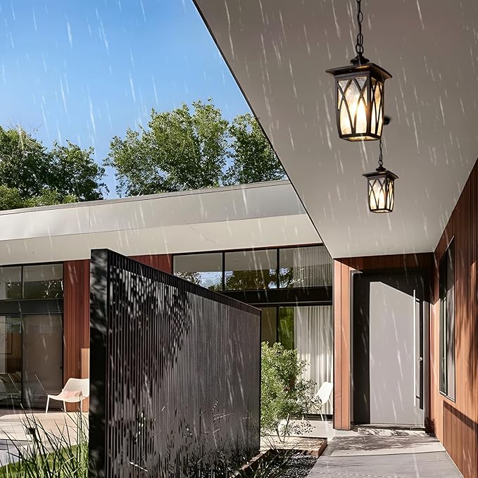 JYZ 2 Pack Outdoor Pendant Light Fixture 12'' Exterior Hanging Lantern Modern Black Metal Outside Chandelier Light Fixture Ceiling Mount with Water Ripple Glass &amp Adjustable Chain for Porch Gaz