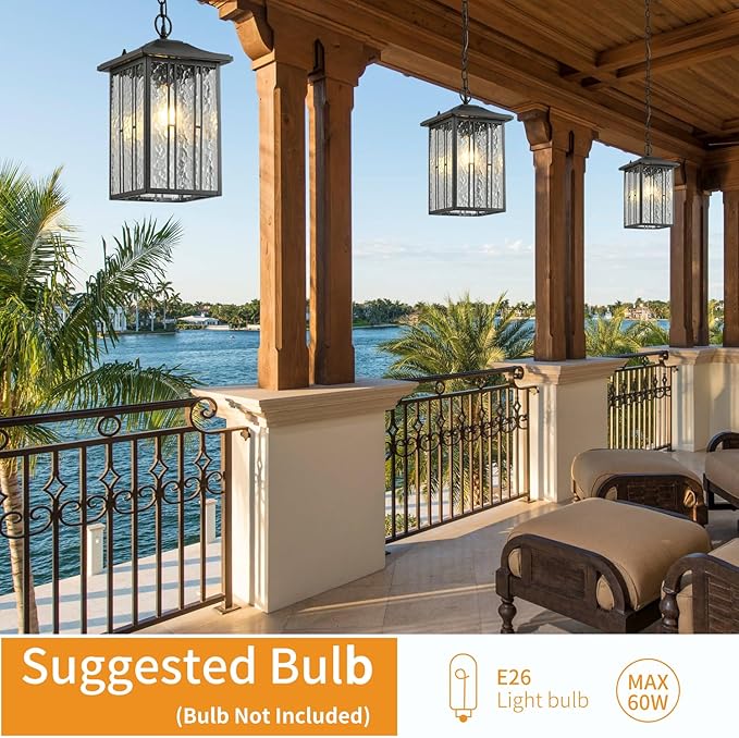 Outdoor Pendant Light Black Exterior Hanging Lights LED Outdoor Chandelier Modern Hanging Lantern for Porch Ceiling Entry Porch Patio Matte Black with Water-Rippled Glasses