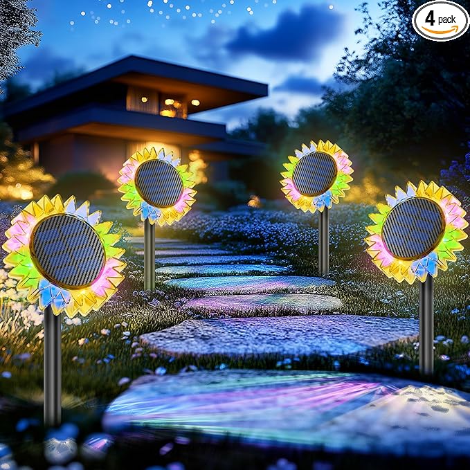 Solar Garden Lights - Upgraded Solar Sunflower Light Ground/Wall 2 In 1 Solar Outdoor Lights Waterproof IP67Garden Yard Patio Backyard Pathway Landscape Fence Wall Decoration Multicolor(4 Pack)