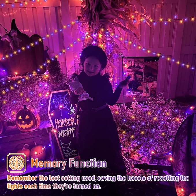 QITONG 165ft 500 LED Orange and Purple Halloween Lights Outdoor Waterproof String Lights for Outside with 8 Modes Green Wire Twinkle Lights Plug in Indoor