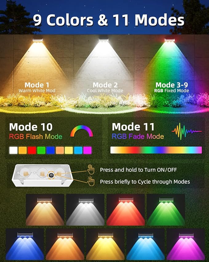 Solar Fence Lights Outdoor 8 Pack 9 Fixed Colors ＆ Color Changing LED Light Solar Powered Waterproof IP65 Dusk-to-Dawn Vinyl Fence Lights for Patio Railing Pool Porch Backyard Wall