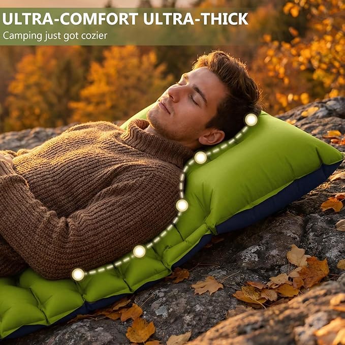 Sleeping Pad Ultralight Camping Mattress with Pillow Built-in Foot Pump Inflatable Sleeping Pad Compact for Camping Backpacking Traveling Hiking Tent SingleGreen