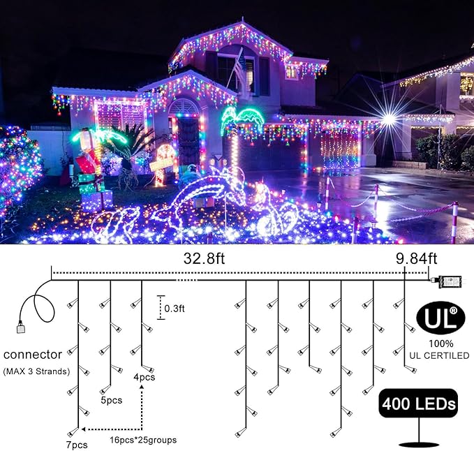 Icicle Christmas Lights Outdoor - 66ft 640 LED Icicle Lights for Outside with 120 Drops Waterproof Plug in Christmas Light with Timer for Party Holiday Wedding Christmas Decoration Multicolor