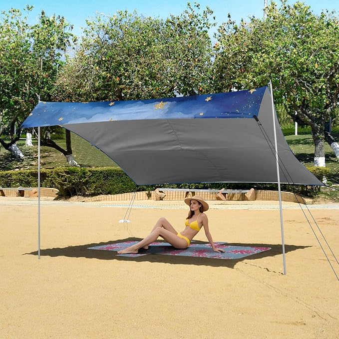 Bolaz Beach Canopy Tent Sun Shade9'×10.5' Large Family Beach Shade UPF50+- Outdoor Shade for Camping Trips FishingBlue White Watercolor Stars Pattern