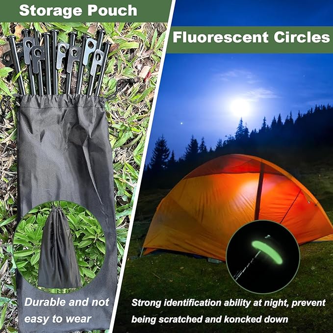 20Pcs Tent Stakes 8in Heavy Duty Tent Stakes with Storage Pouch Dia 0.35 Forged Steel Stakes for Tent Used on Rocks Snowfield(20Pcs 8in Stakes)