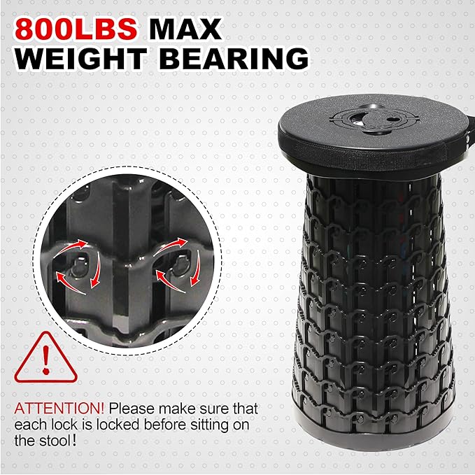 ALEVMOOM 18 Collapsible Stool 800lbs Max Weight Heavy Duty Portable Retractable Folding Telescoping Foldable Camping Stool for Adults Outdoor Fishing Travel BBQ (Black)