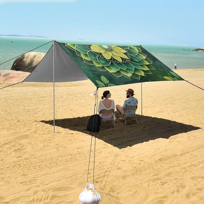 Mandala Texture Green Beach Tent Sun Shelter 9.2' x 10.5' Beach Canopy with 4 Sandbags 4 Stability Poles Sand Shovels - Tent Canopy for Beach Camping Fishing Picnics